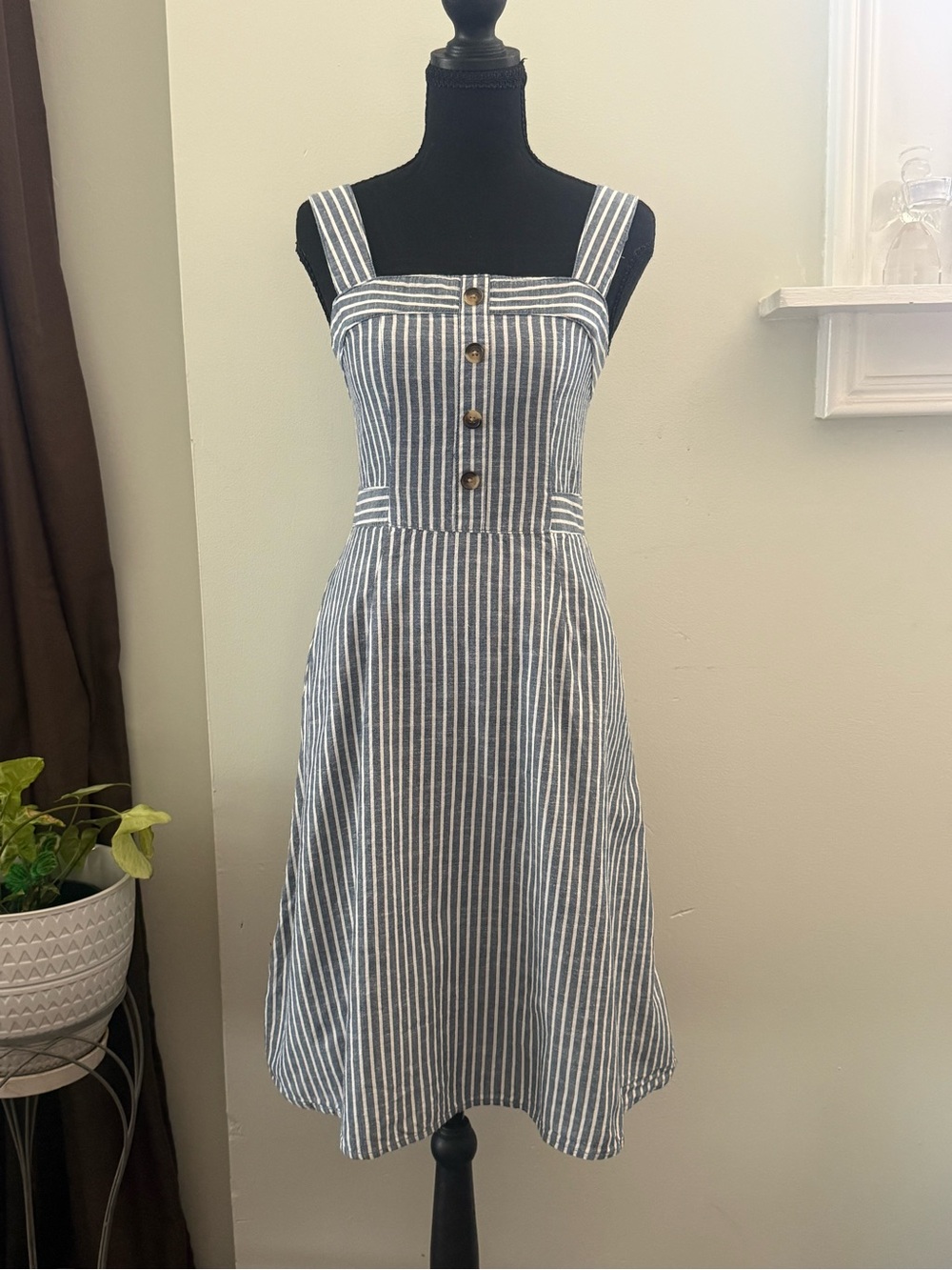 RACHEL Rachel Roy Blue and White Striped Button-Front Midi Dress